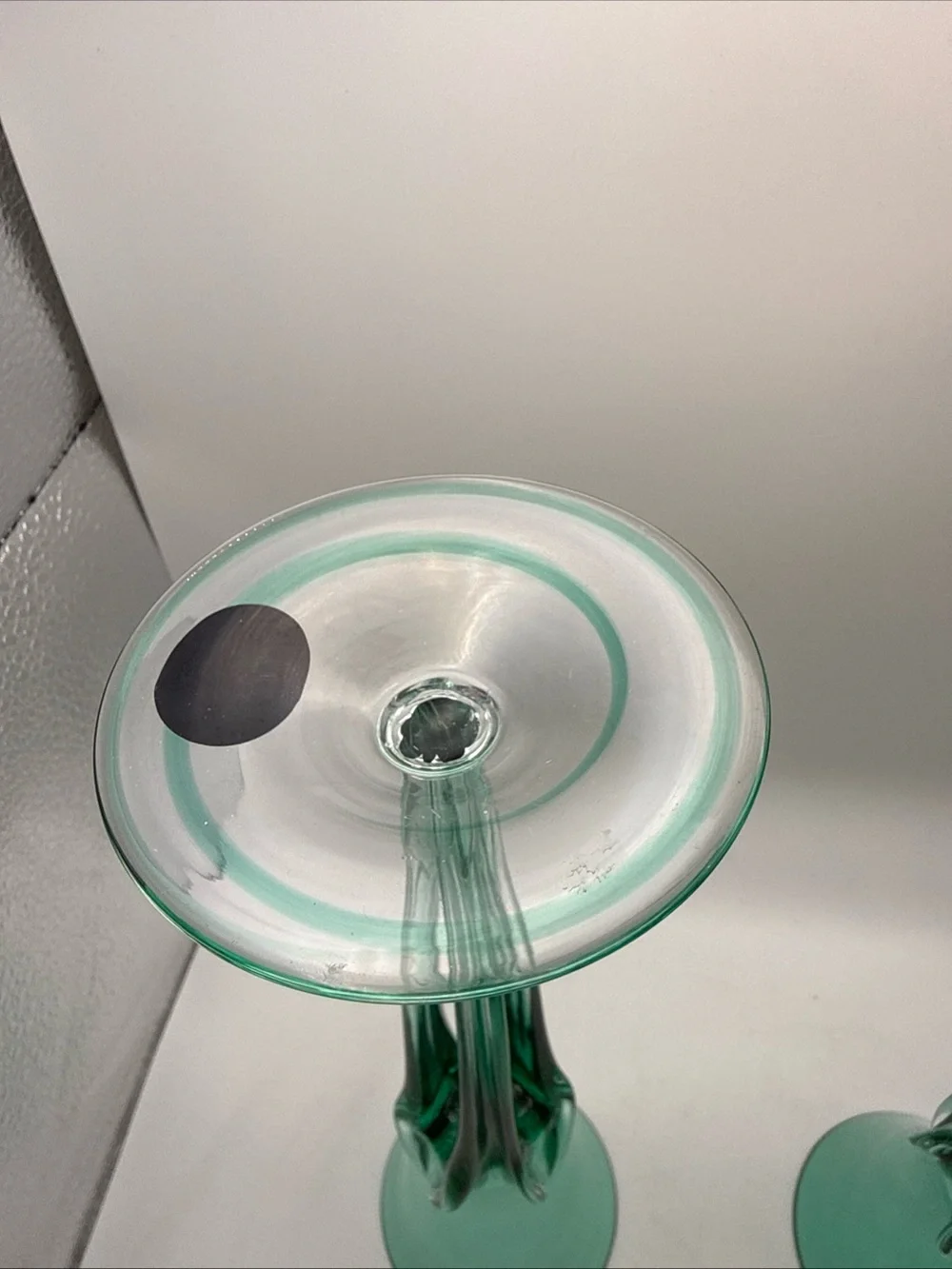 Vintage Set of 2 Green Jozefina Krosno Art Glass Taper Candleholders Hand-Blown